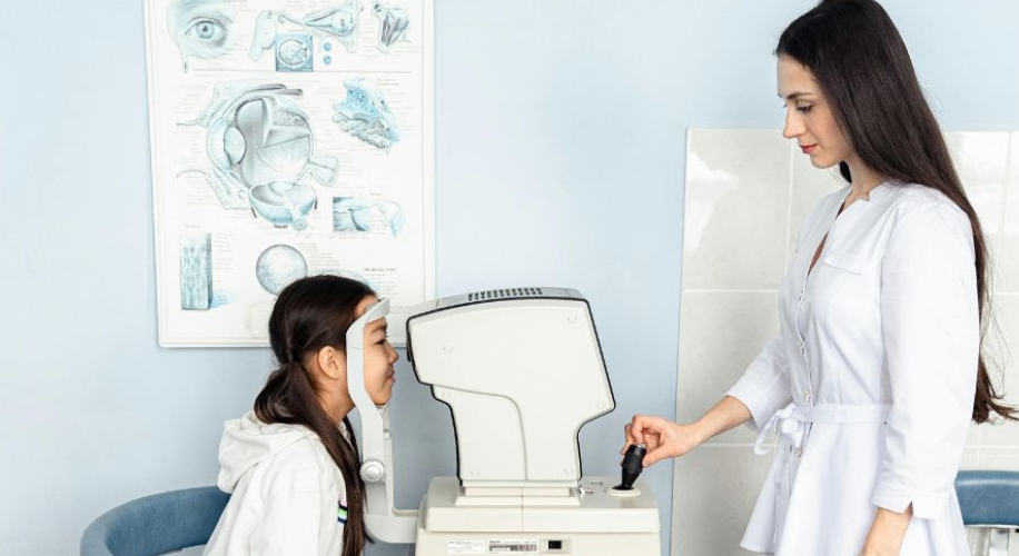 Child undergoing an eye examination with an autorefractor machine operated by an eyecare professional.