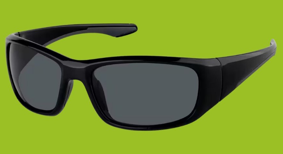 Black wrap-around sunglasses with dark lenses, set against a green background.