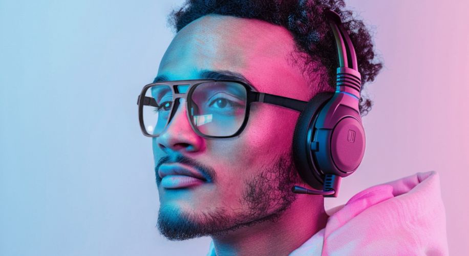 Man wearing black over-ear headphones and large square glasses, with a pink and blue background.