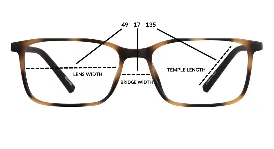 Eyeglasses measurements: Lens Width 49mm, Bridge Width 17mm, Temple Length 135mm.