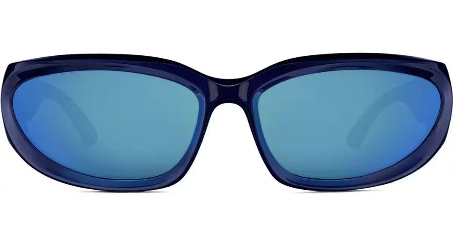 Blue sunglasses with large lenses and a sleek, glossy frame.