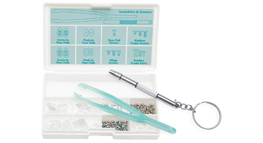 Eyeglass repair kit with screwdriver, tweezers, and assorted screws and nose pads.