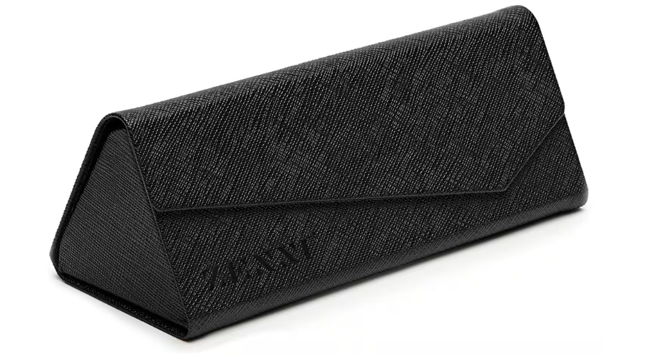 Black triangular sunglasses case with &quot;Armani&quot; embossed in corner.