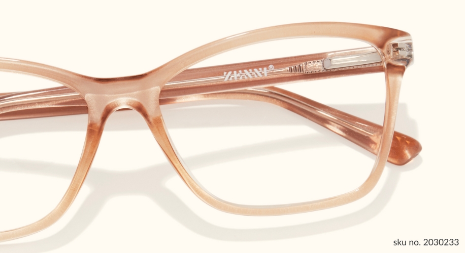 Tan-colored eyeglasses with a subtle gradient frame. Text on the lens arm: &quot;ANKYR&quot;. SKU No. 2030233.