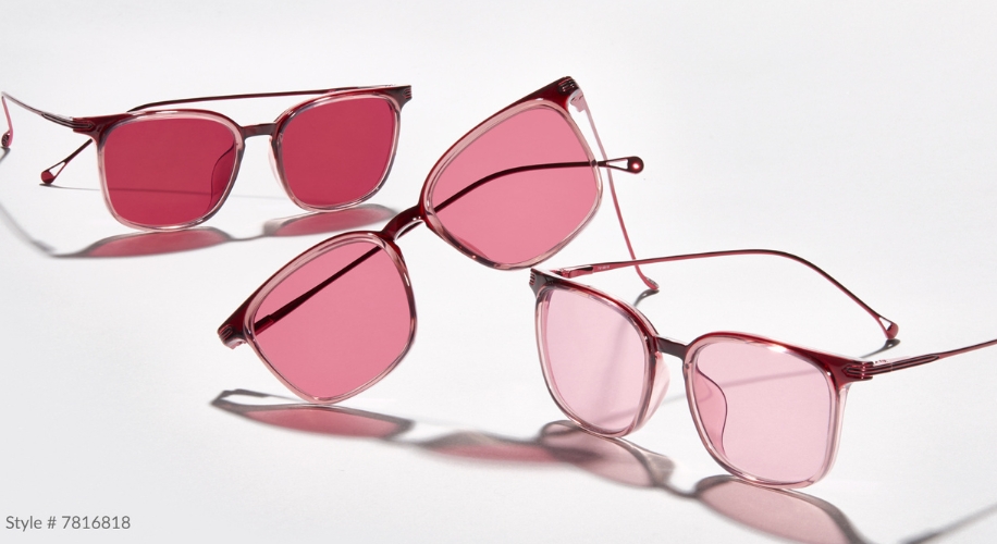 Red tinted sunglasses in three orientations; Style # 7816818.