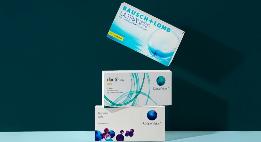 Bausch + Lomb Ultra, Clarity 1 Day Toric, and Biofinity Toric contact lenses by CooperVision.