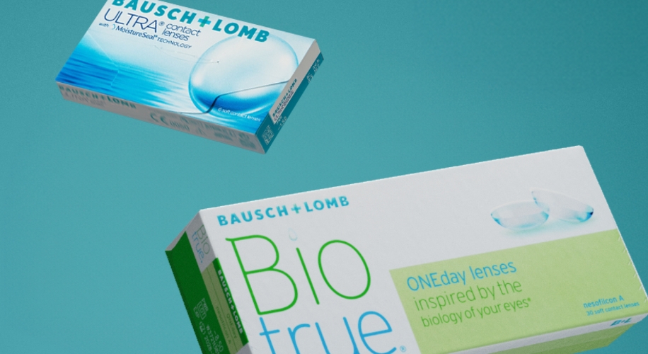 Bausch + Lomb ULTRA contact lenses and Bausch + Lomb Biotrue ONEday lenses boxes.