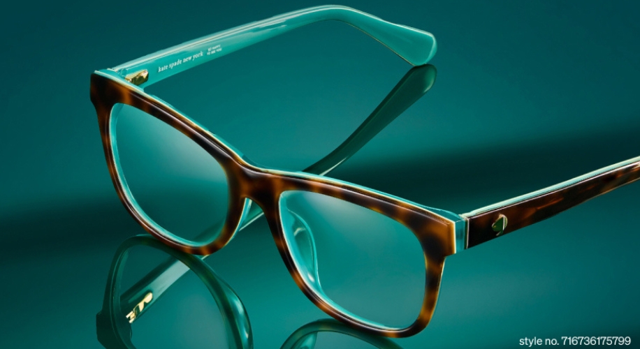 Cateye glasses with brown tortoiseshell frame and teal arms; text: &quot;kate spade new york&quot; and &quot;style no. 716736175799&quot;.