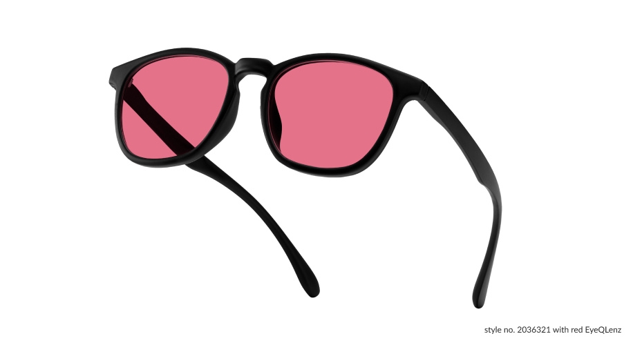 Black-framed sunglasses with red lenses. Text: &quot;style no. 2036321 with red EyeQLenz.&quot;