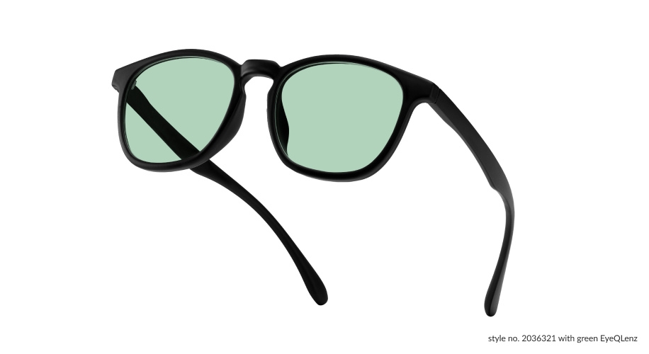 Black sunglasses with green lenses. Text at bottom right: Style no. 2036321 with green EyeQLenz.