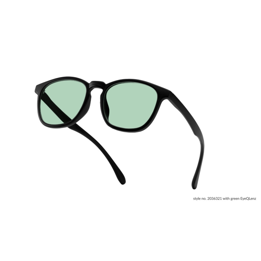 Black-framed sunglasses with green lenses. Text: "style no. 2036321 with green EyeQLenz".