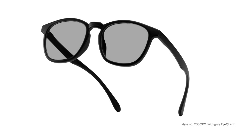 Black sunglasses with gray lenses. Text in the corner reads: &quot;style no. 2036321 with gray EyeQLenz&quot;.