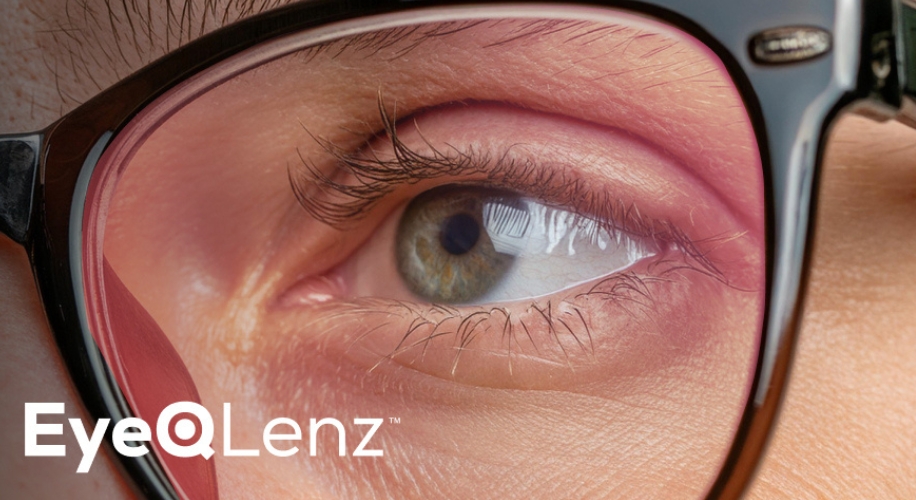 Close-up of eye wearing black-rimmed glasses. Text: &quot;EyeQ Lenz&quot;.