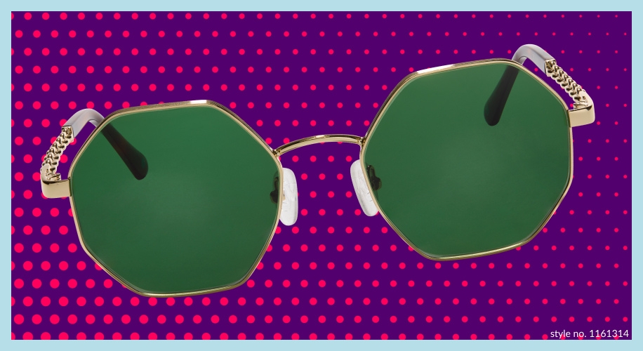 Hexagonal green-lens sunglasses with gold frame and chain-style temples. Style no. 1161314.