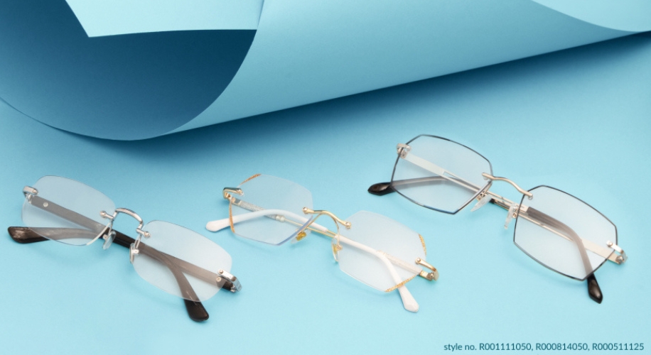 Three pairs of rimless eyeglasses with various temple designs. Text: style no. R001111050, R000814050, R000511125.