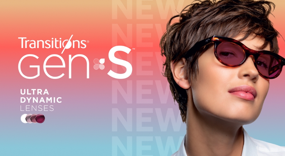 Transitions Gen 8, S Ultra Dynamic Lenses, new, with a woman wearing the lenses.