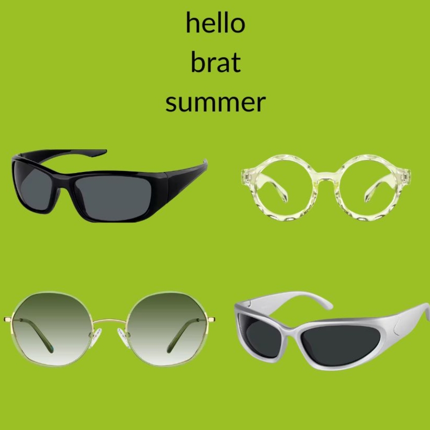 "hello brat summer" text above four sunglasses: black sports, clear round, green gradient aviator, silver cat-eye.