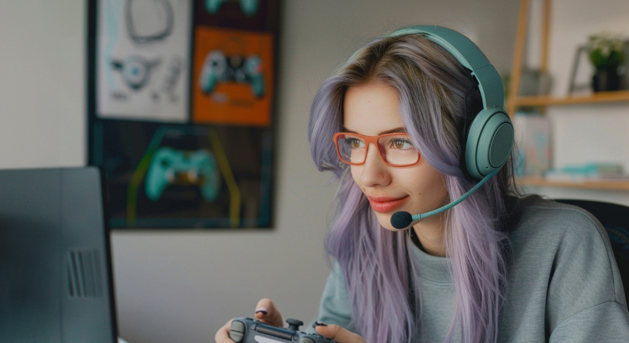 Person wearing red glasses and a gaming headset with a microphone, holding a game controller.