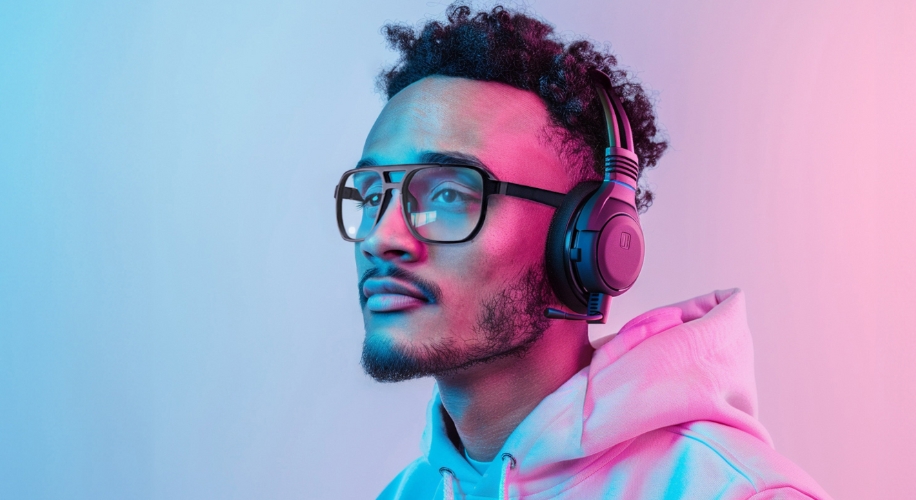 Man wearing large black headphones and a pink hoodie against a blue and pink gradient background.