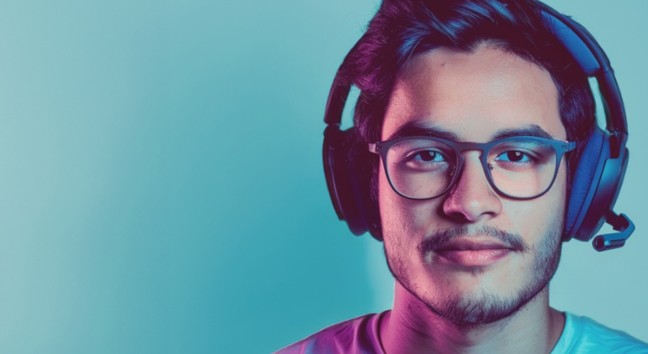 Person wearing a black gaming headset with glasses.