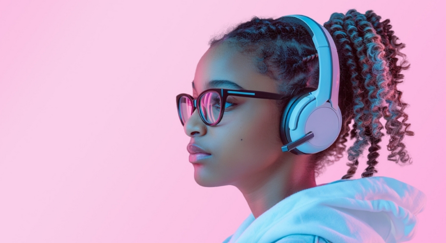 Young person wearing black-rimmed glasses and gray over-ear headphones against a pink background.