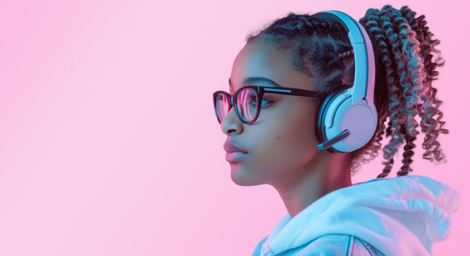 Person wearing blue over-ear headphones with a microphone and black-rimmed glasses, facing left.