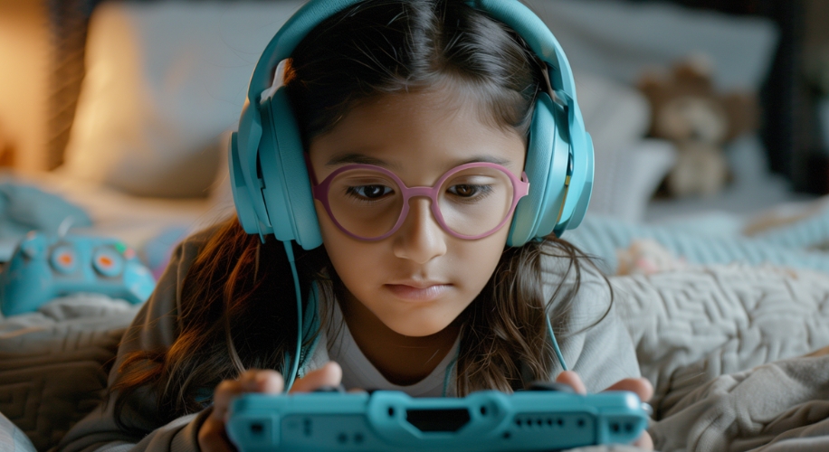 Child wearing blue headphones and pink glasses, holding a blue handheld gaming console.