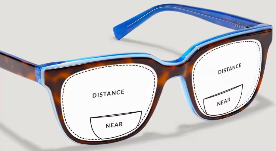 Glasses with tortoiseshell and blue frames showcasing two lenses labeled &quot;DISTANCE&quot; and &quot;NEAR.&quot;