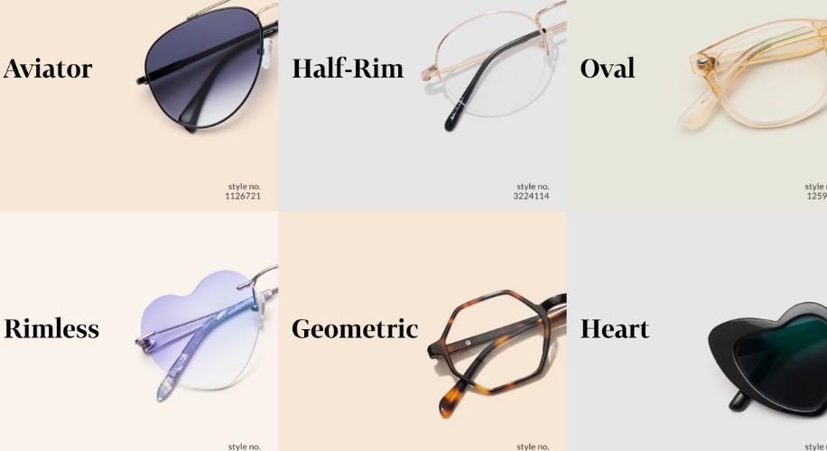 Aviator style no. 1126721, Half-Rim style no. 3224114, Oval style no. 1259762, Rimless, Geometric, Heart.