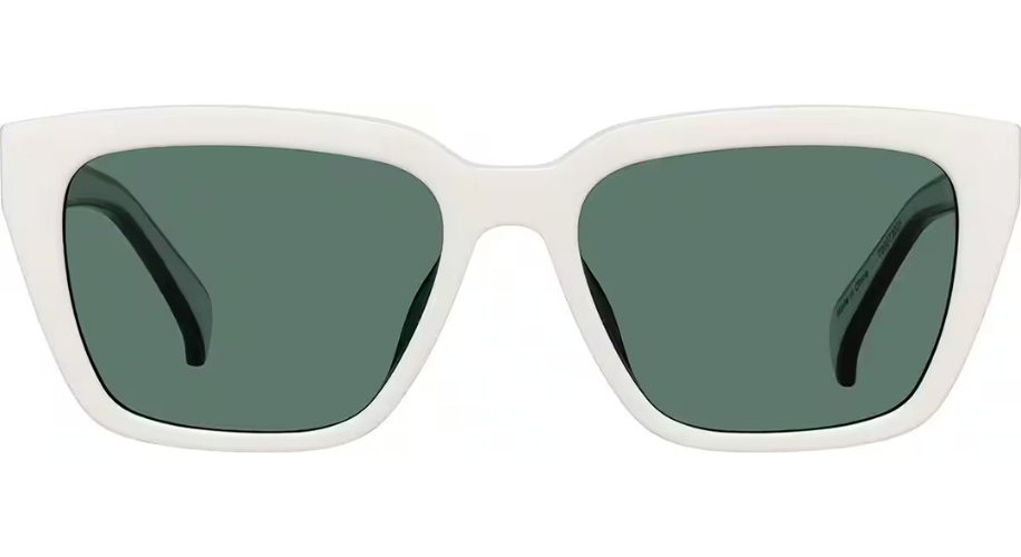 Square-shaped sunglasses with white frames and dark green lenses.