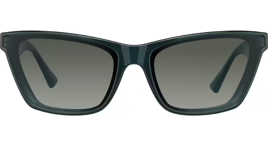 Dark, rectangular shaped sunglasses with a glossy black frame and gray gradient lenses.