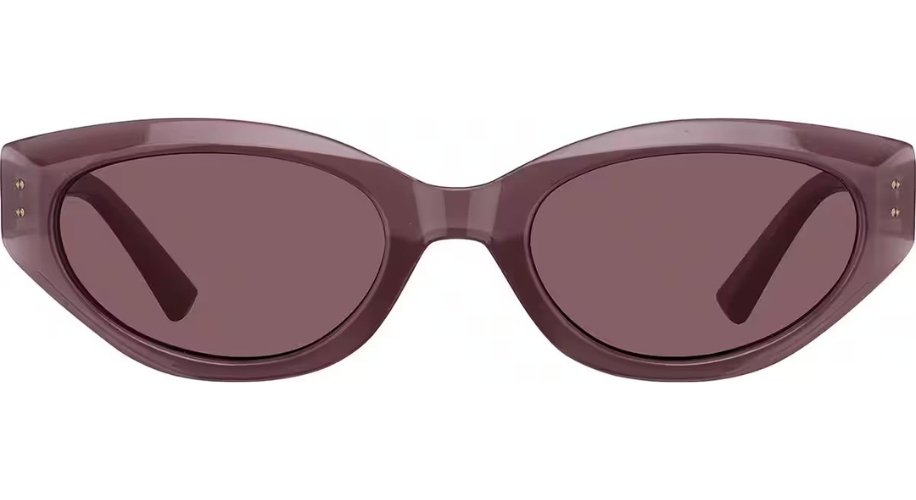 Purple oval-shaped sunglasses with a glossy finish and dark lenses.