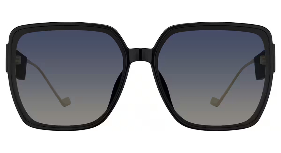 Large black square sunglasses with gradient dark-to-clear lenses.