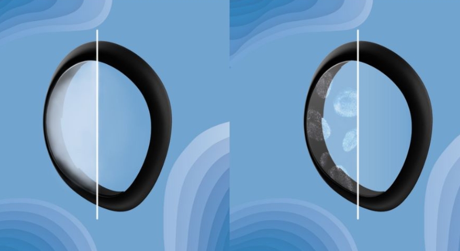 Anti-fingerprint coating comparison on wearable ring screen. Left: clean, right: smudged with fingerprints.