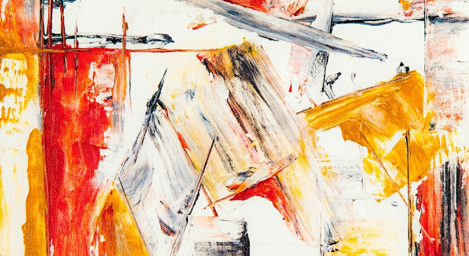 Abstract painting with bold strokes of red, yellow, and white, interspersed with black and gray accents.