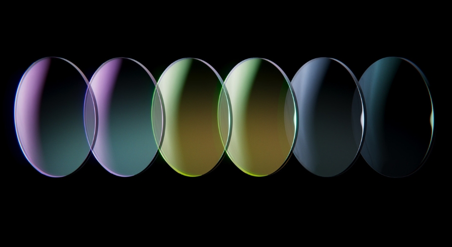 Six oval lenses with colorful tints in a horizontal row against a black background.