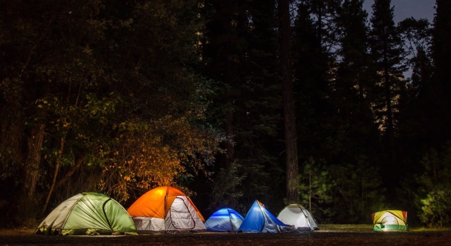 Six colorful tents illuminated at night in a forest.