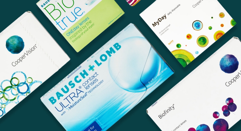 Bausch + Lomb ULTRA contact lenses, CooperVision Biofinity, MyDay, and Bausch + Lomb Biotrue packaging.