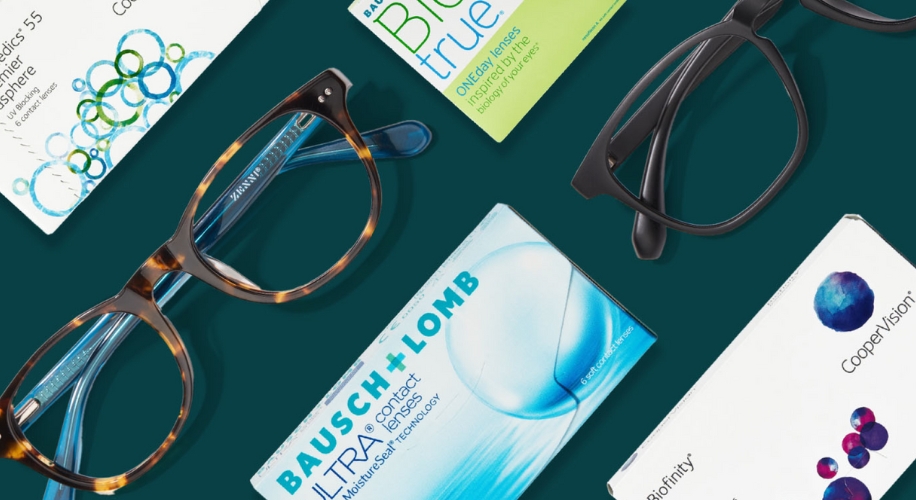 Contact lens boxes and eyeglasses. Brands: Biofinity, BAUSCH + LOMB, Biotrue, Avaira Vitality.