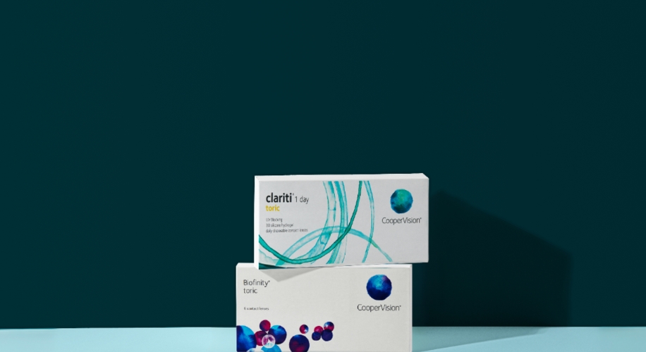 CooperVision clariti 1 day toric and Biofinity toric contact lens boxes.