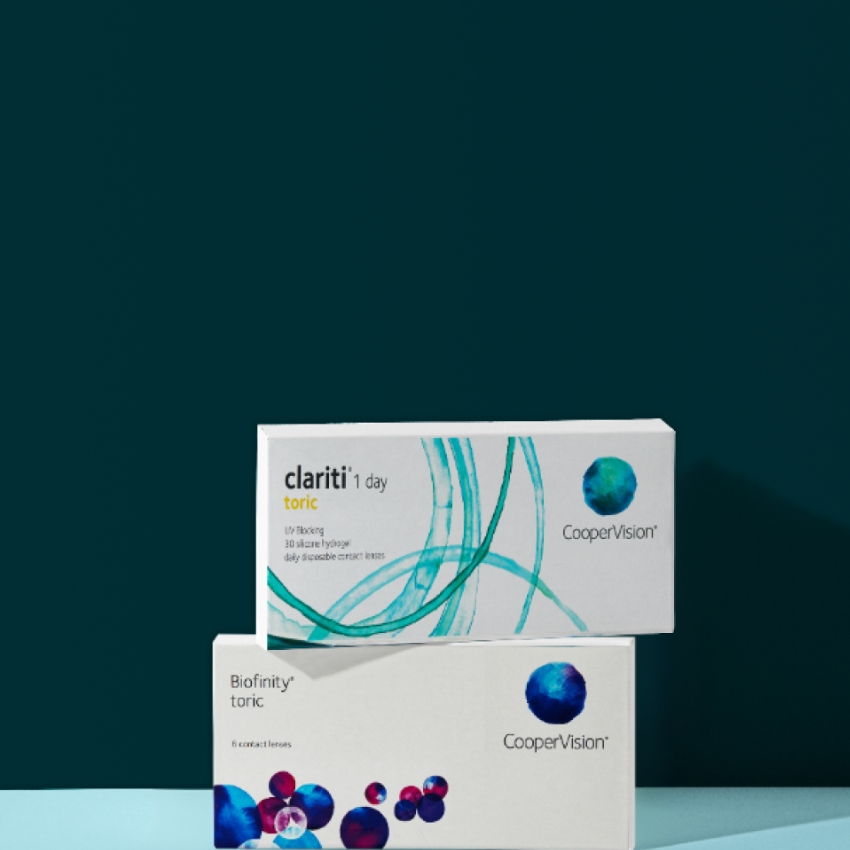 clariti 1 day toric and Biofinity toric contact lens boxes from CooperVision.