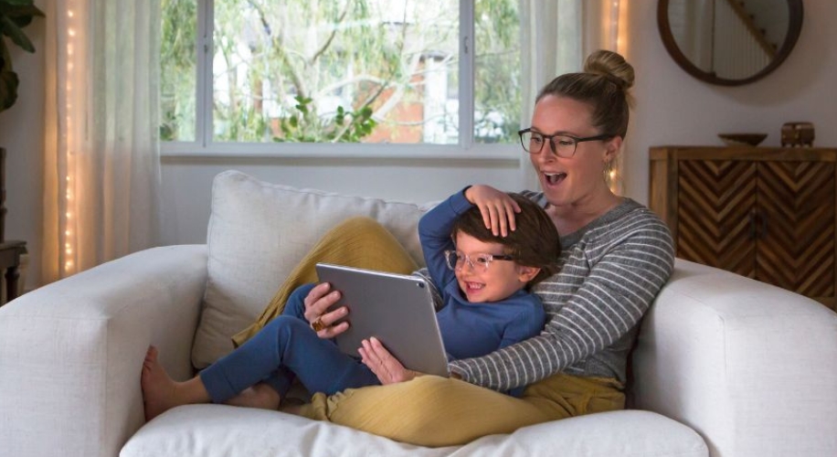 Mother and son looking at tablet