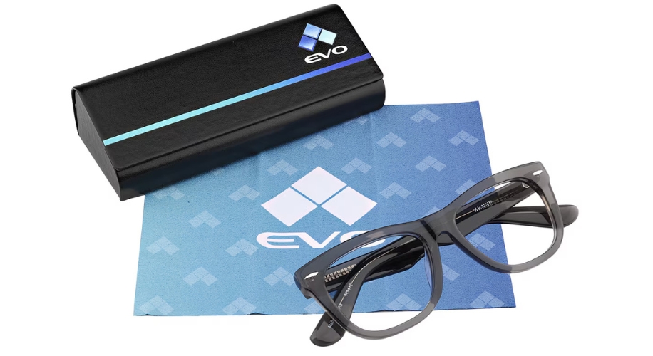 Evo eyeglasses with a black frame, on a branded blue cleaning cloth and black case featuring the Evo logo.