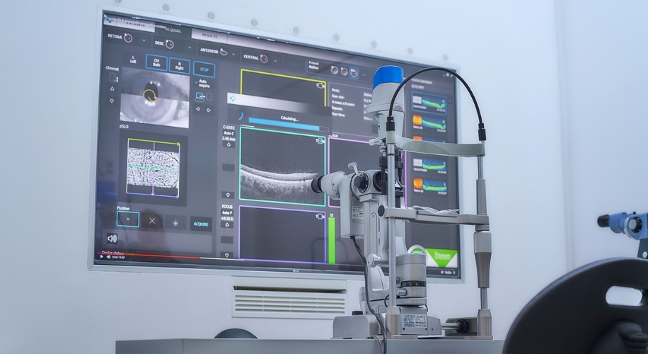 Optical Coherence Tomography (OCT) machine in a medical setting with eye scan results displayed on a screen.