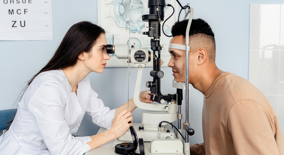 Optometrist examining a patient&#039;s eyes using a slit lamp biomicroscope. Vision chart reads &quot;OH SUE MCF ZU&quot;.