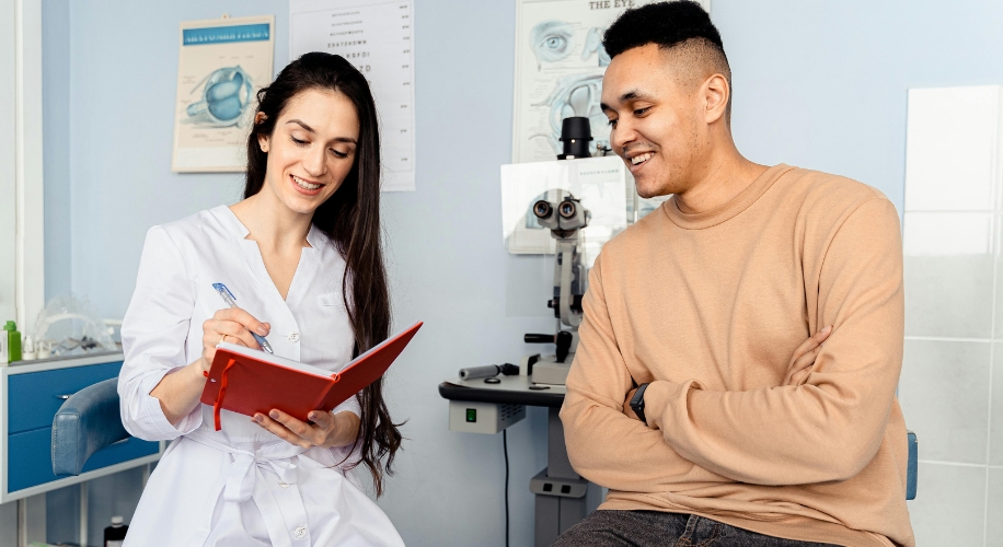 Optometrist taking notes while examining a smiling patient.