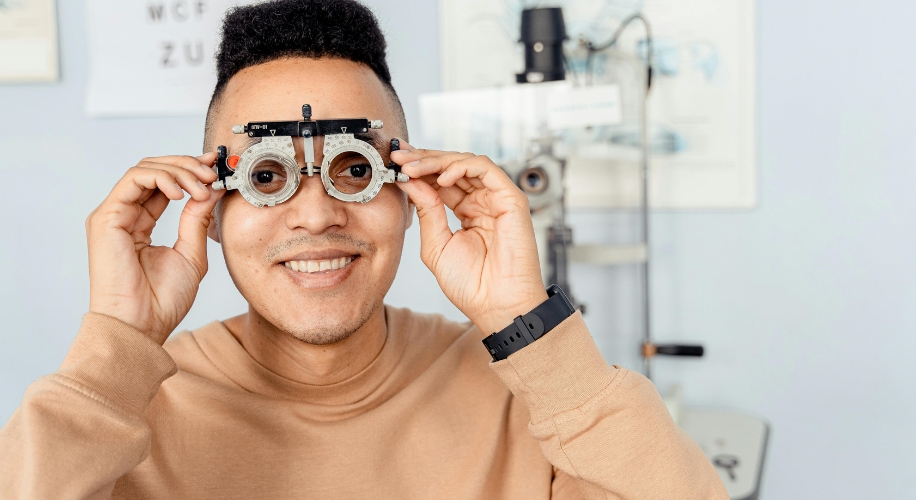 Man using a phoropter for an eye exam, wearing a beige sweater and a black watch.