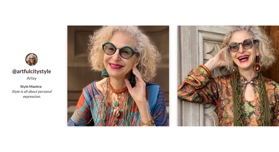 @artfulcitystyle Artsy Style Mantra: Style is all about personal expression. Two images of a woman smiling, wearing colorful outfits and glasses.