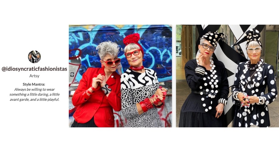 @idiosyncraticfashionistas Artsy Style Mantra: Always be willing to wear something a little daring, a little avant garde, and a little playful. Two women wearing bold black and white outfits with polka dots and stripes.