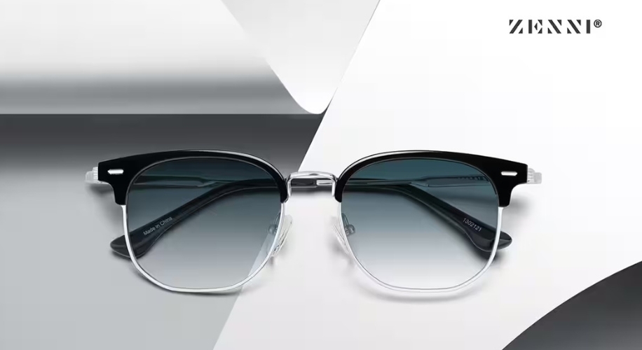 Black and silver semi-rimless sunglasses with gradient lenses, brand name Zenni in the upper right corner.